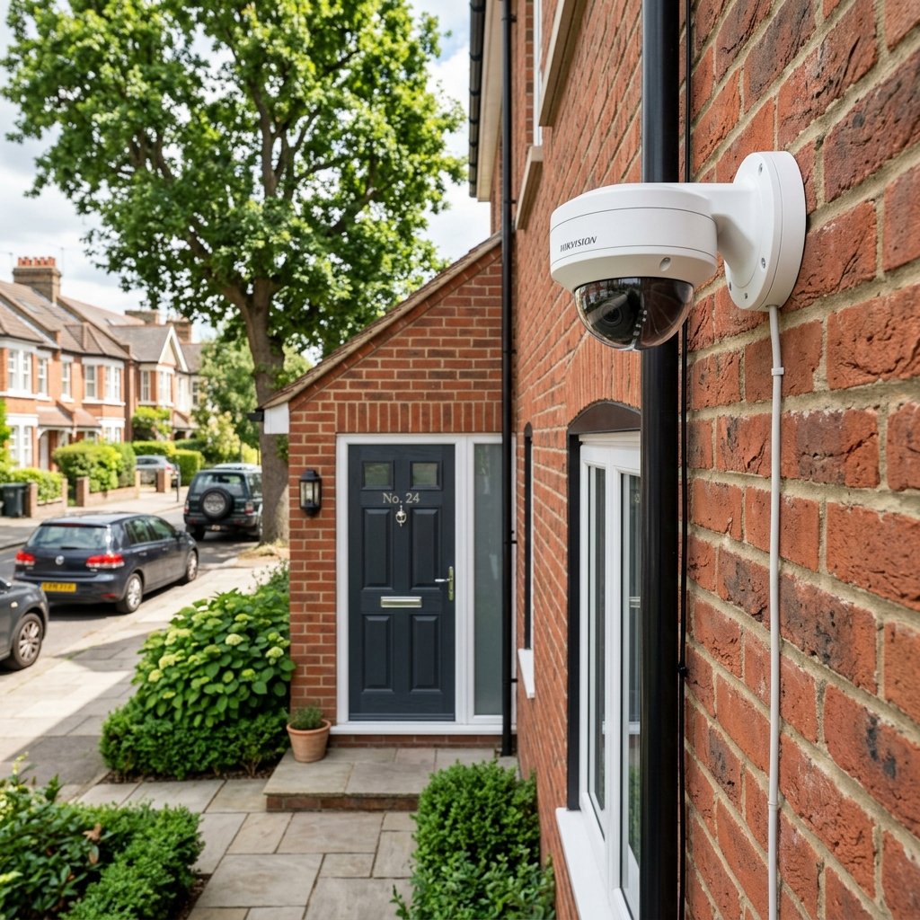 Clean dome IP CCTV camera cleanly installed on property brickwork